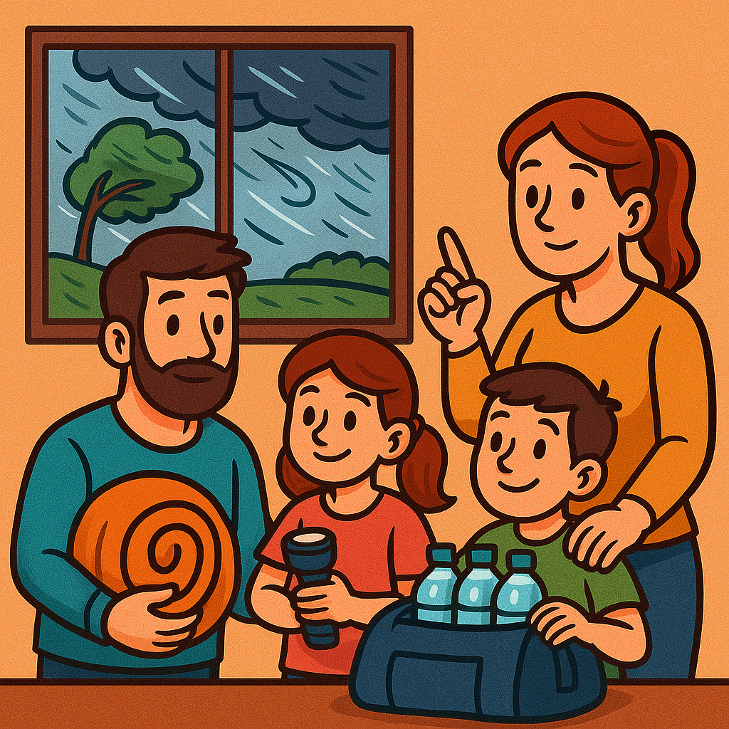 Familia revisando un plan de emergencia y recursos básicos en casa